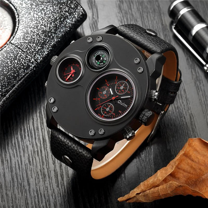 Modern Black Leather Double Time Zone Quartz Watch