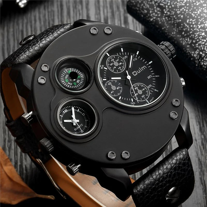 Modern Black Leather Double Time Zone Quartz Watch