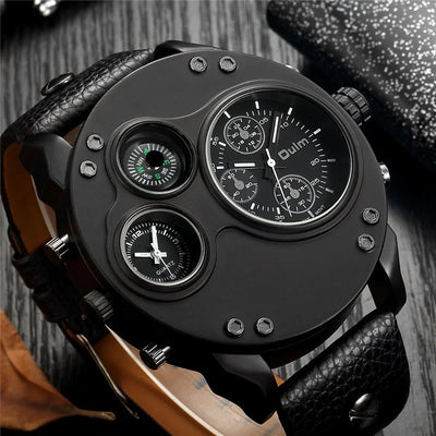 Modern Black Leather Double Time Zone Quartz Watch