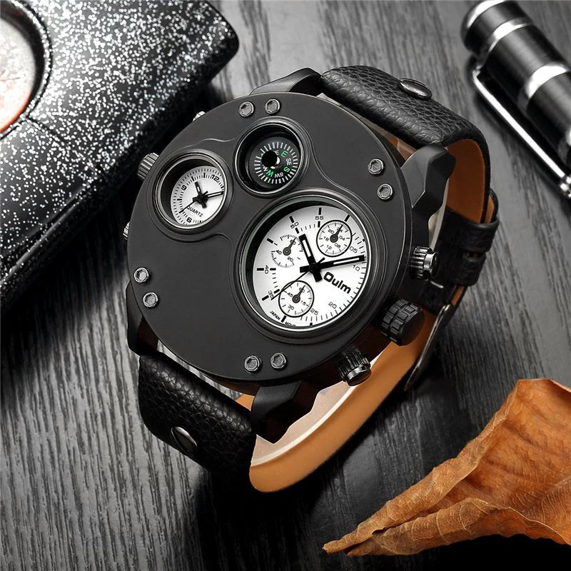 Modern Black Leather Double Time Zone Quartz Watch