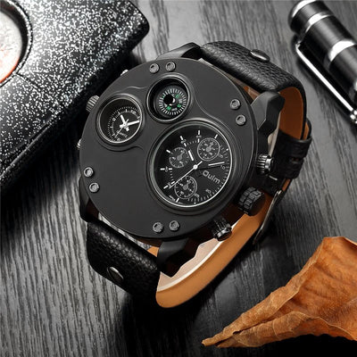 Modern Black Leather Double Time Zone Quartz Watch