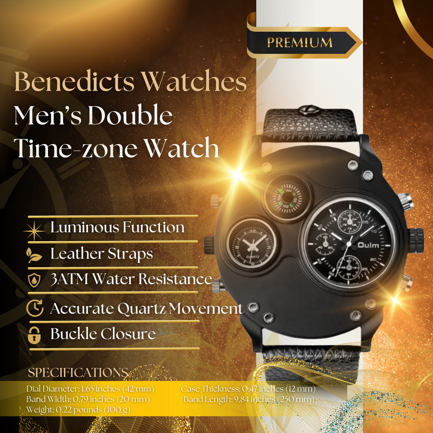 Modern Black Leather Double Time Zone Quartz Watch