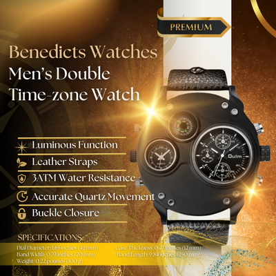 Modern Black Leather Double Time Zone Quartz Watch
