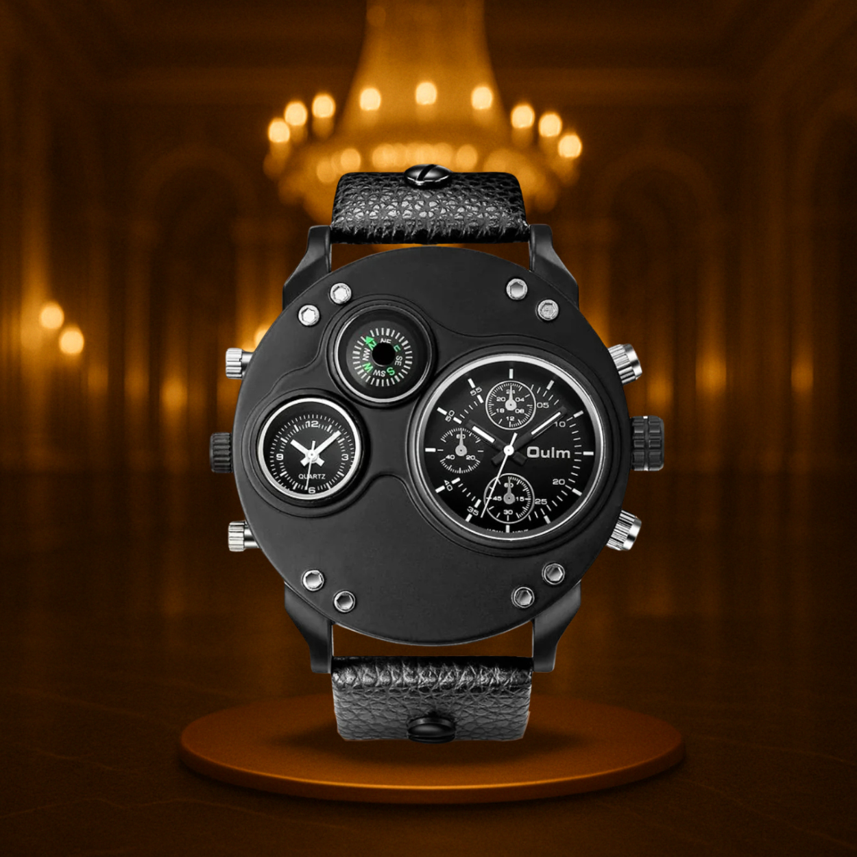 Modern Black Leather Double Time Zone Quartz Watch