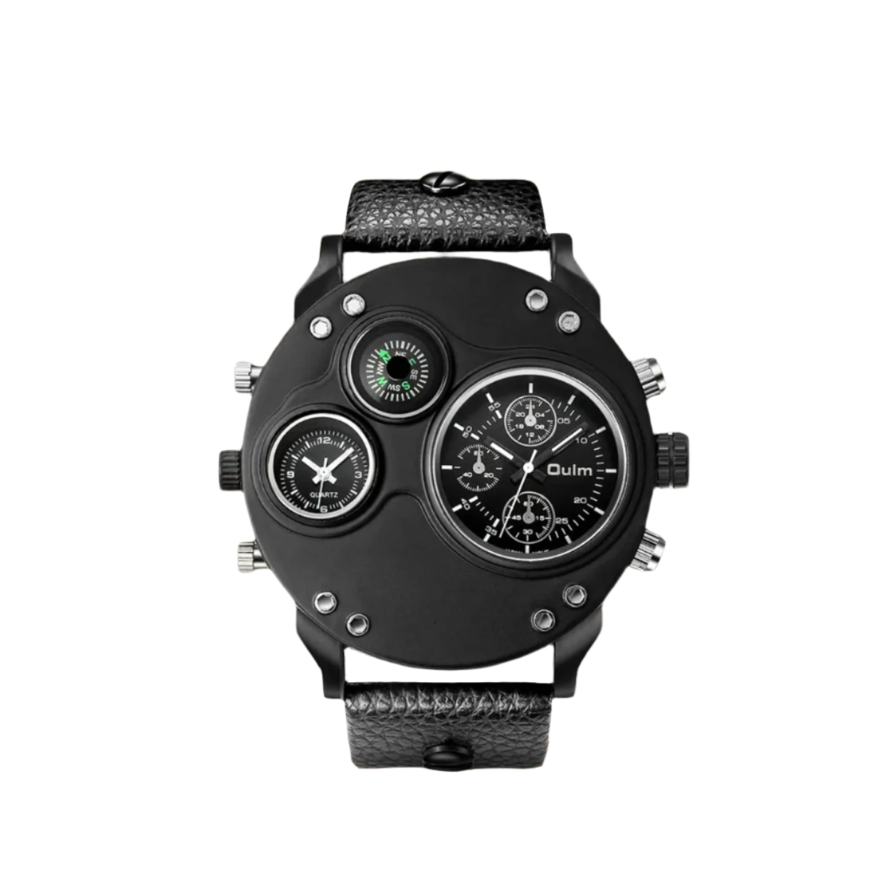 Modern Black Leather Double Time Zone Quartz Watch