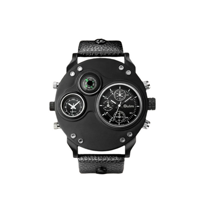 Modern Black Leather Double Time Zone Quartz Watch