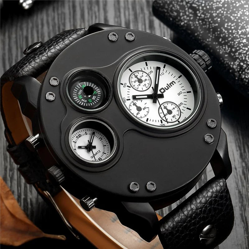 Modern Black Leather Double Time Zone Quartz Watch