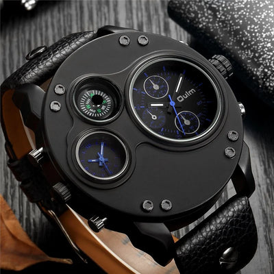 Modern Black Leather Double Time Zone Quartz Watch