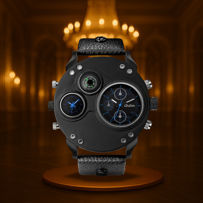 Modern Black Leather Double Time Zone Quartz Watch