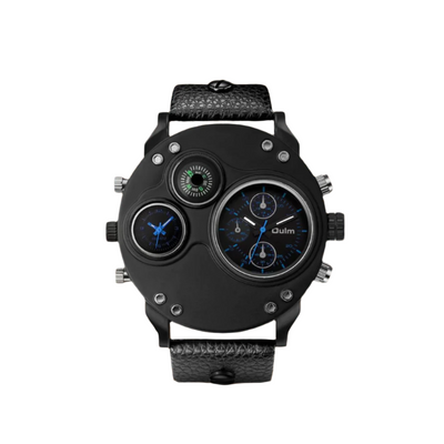 Modern Black Leather Double Time Zone Quartz Watch