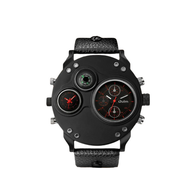 Modern Black Leather Double Time Zone Quartz Watch