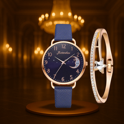 Modern Moon Numbers Dial Watch and Bracelets Set