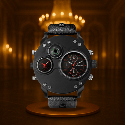 Modern Black Leather Double Time Zone Quartz Watch