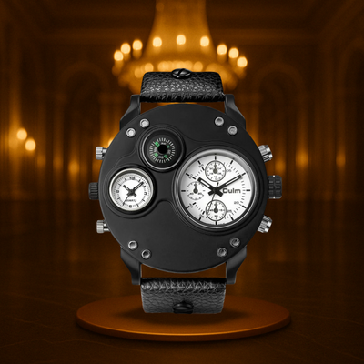 Modern Black Leather Double Time Zone Quartz Watch