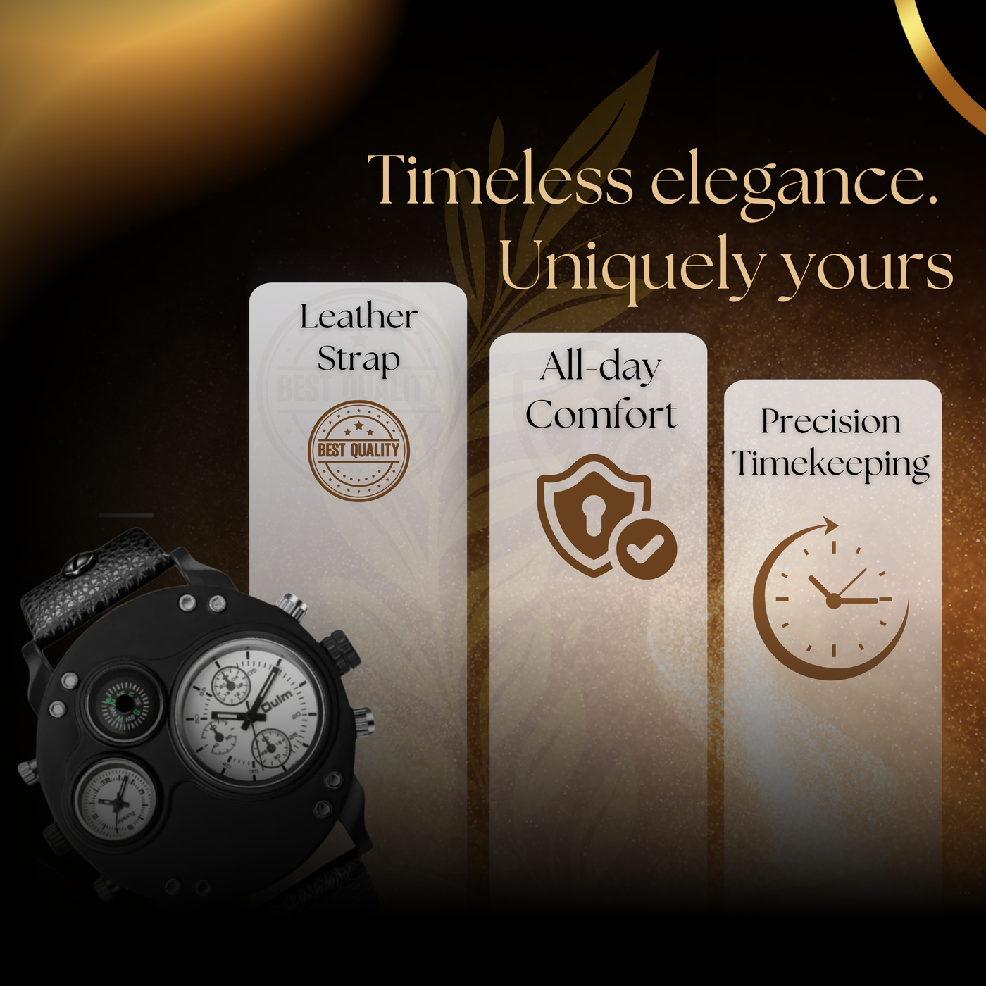 Modern Black Leather Double Time Zone Quartz Watch