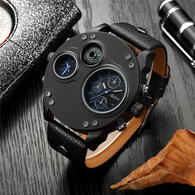 Modern Black Leather Double Time Zone Quartz Watch