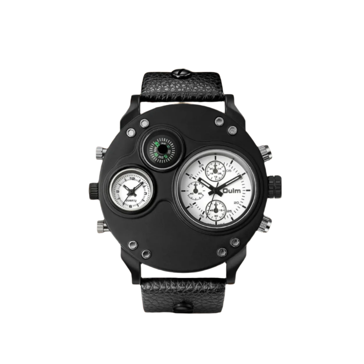 Modern Black Leather Double Time Zone Quartz Watch