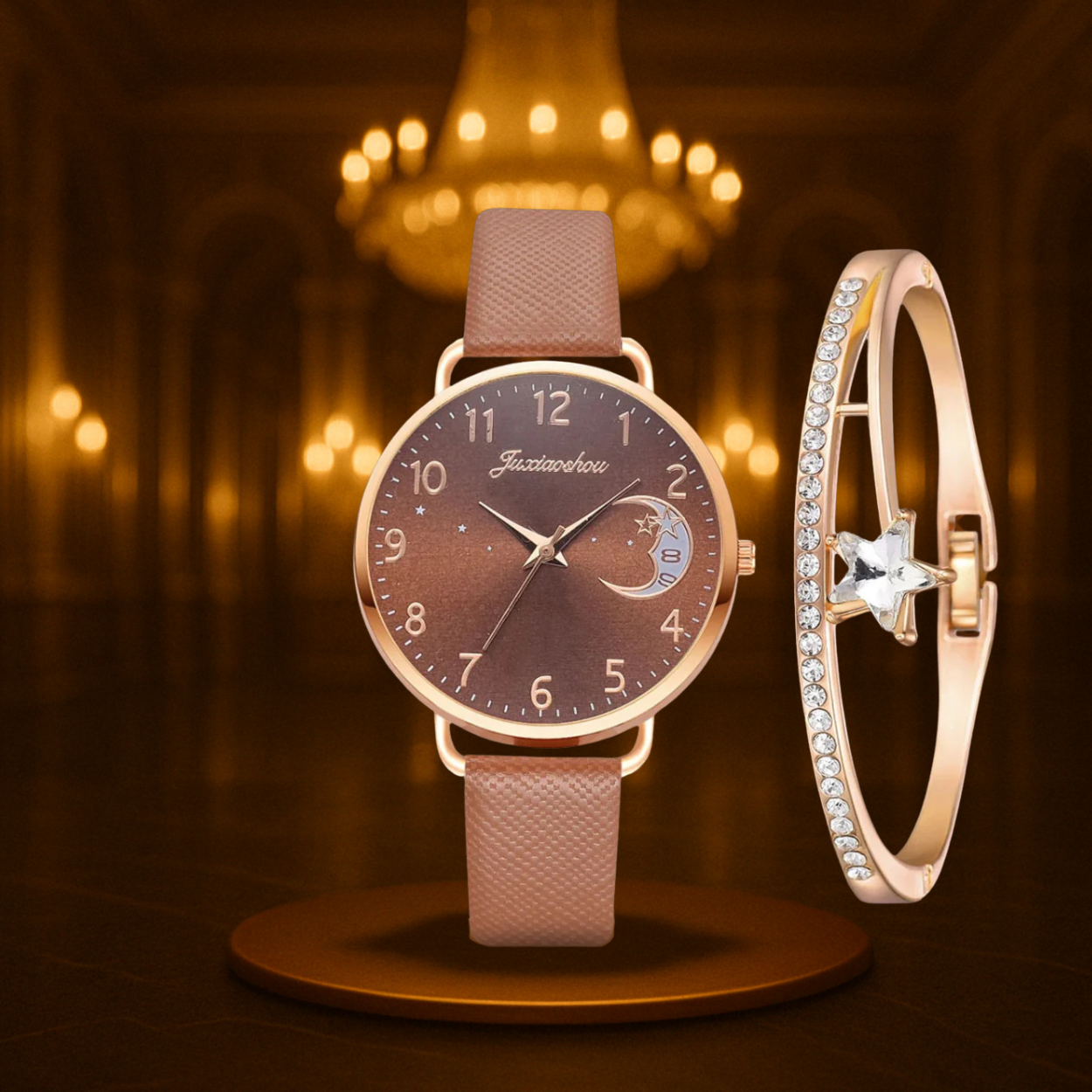 Modern Moon Numbers Dial Watch and Bracelets Set