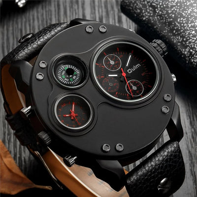 Modern Black Leather Double Time Zone Quartz Watch