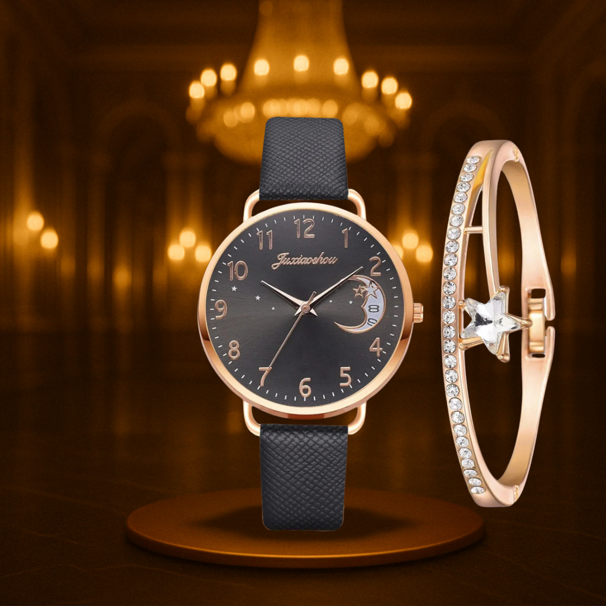 Modern Moon Numbers Dial Watch and Bracelets Set