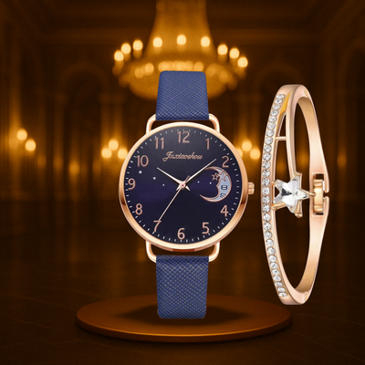Modern Moon Numbers Dial Watch and Bracelets Set