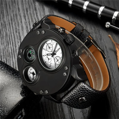 Modern Black Leather Double Time Zone Quartz Watch