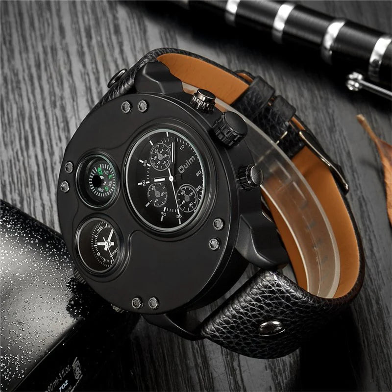 Modern Black Leather Double Time Zone Quartz Watch