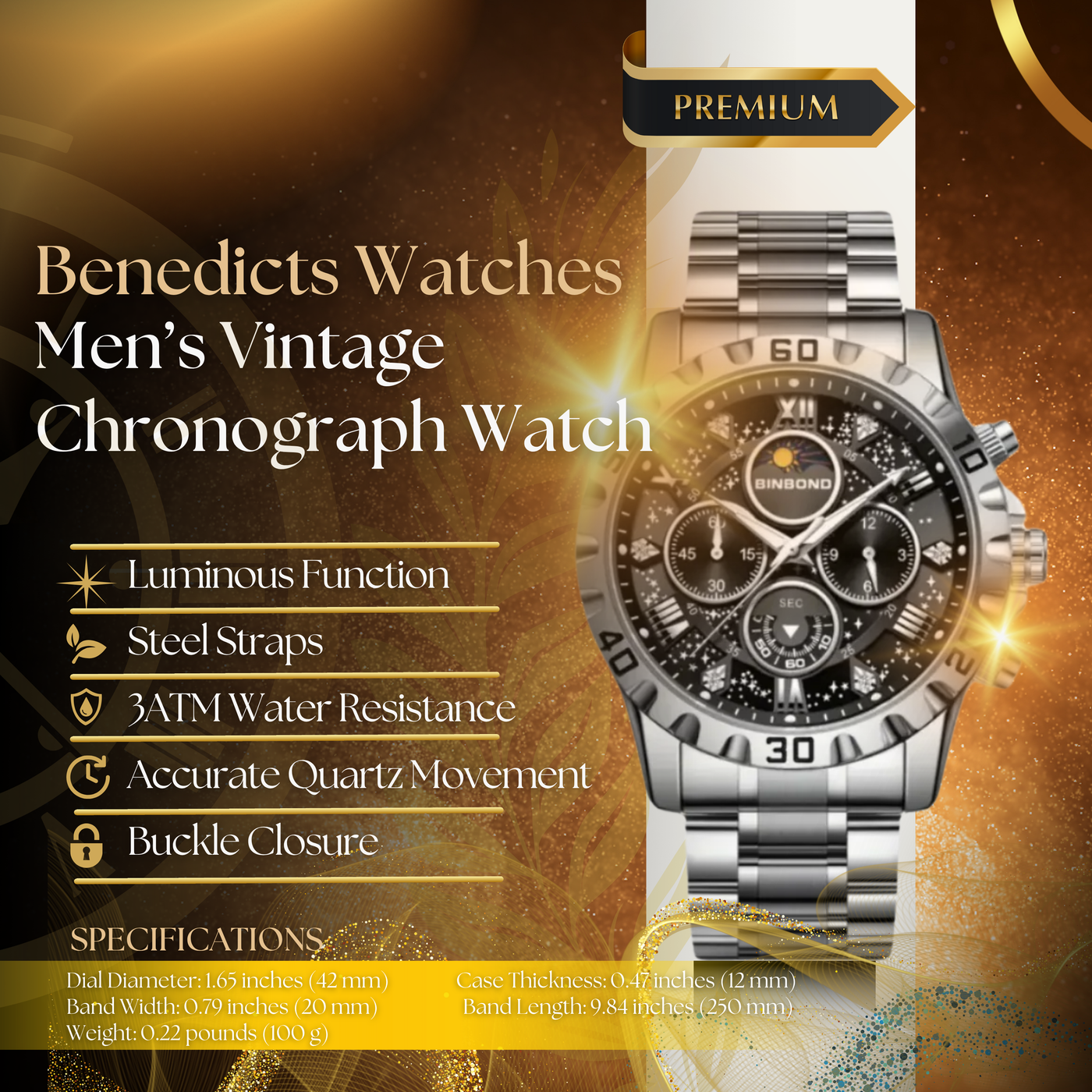 Men's Vintage Chronograph Watch with Metal Band