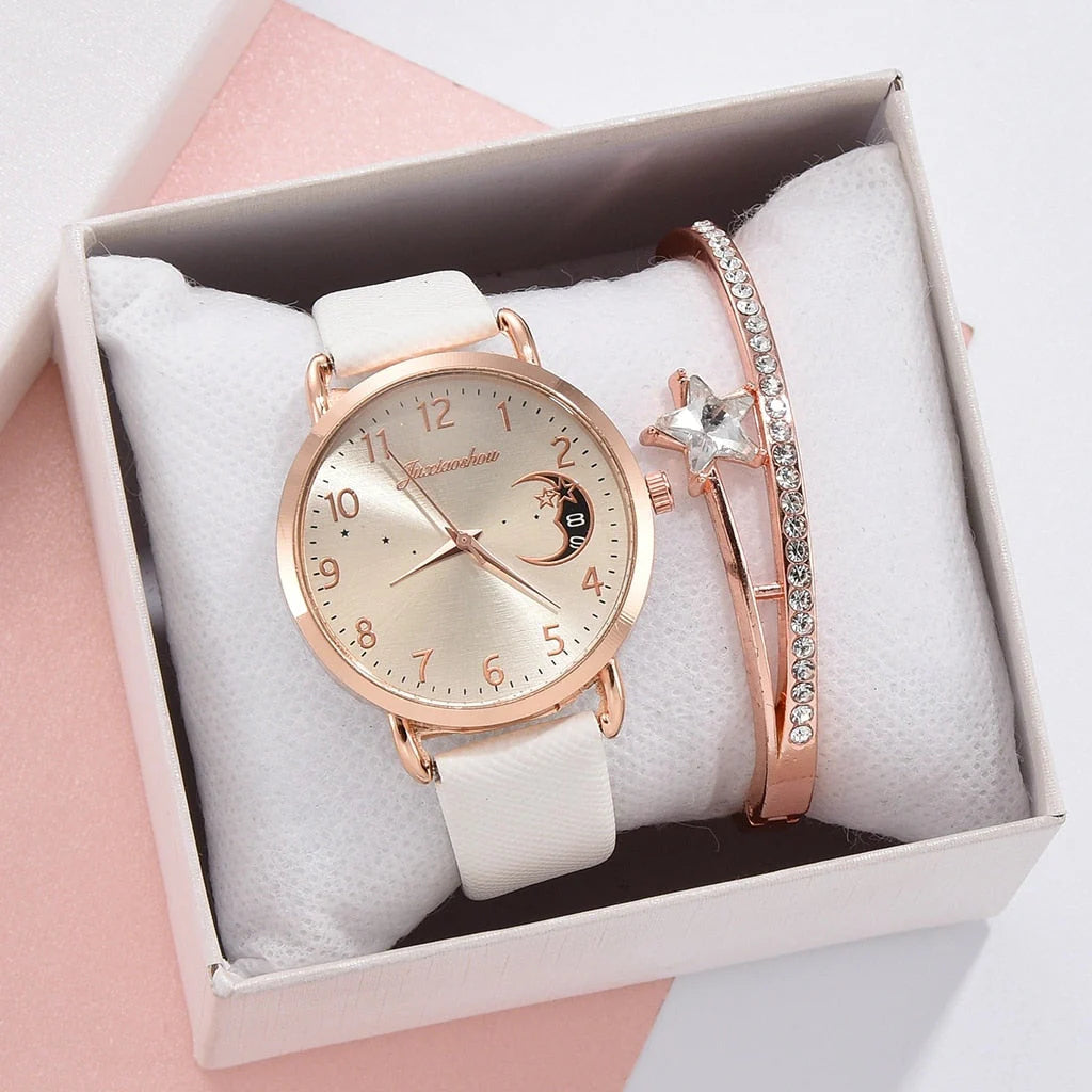 Modern Moon Numbers Dial Watch and Bracelets Set