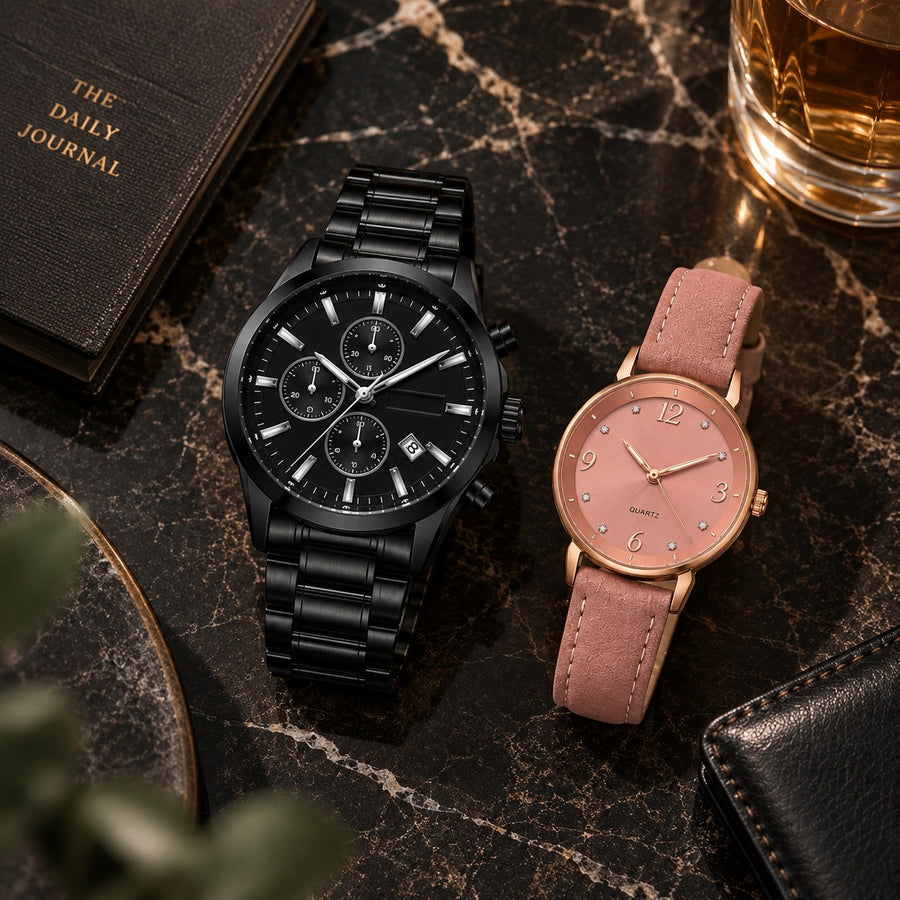 Black chronograph watch and rose gold women's watch with pink leather strap